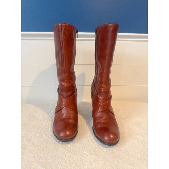 Born Brown Leather Strappy Handcrafted 3 inch Party High Heels Calf Boots Sz 9 - Picture 1 of 4